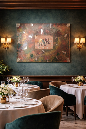 point d'équilibre 50×70cm — peinture acrylique et peinture à l’huile et feuilles d’or rose