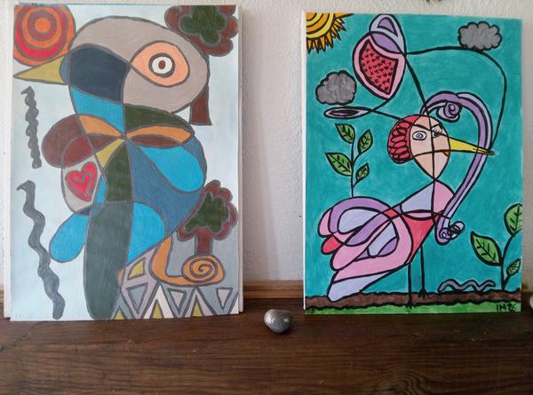 Oiseau et Flamant Rose — 紙にアクリル 制作 CubismishArt