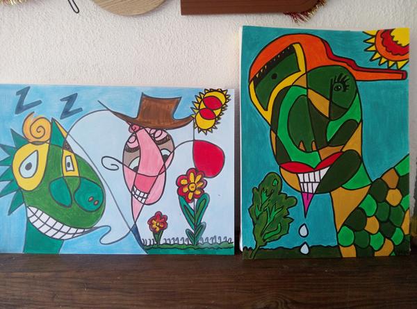 Dinosaure et Tortue — Acrylic on paper by CubismishArt, Dieppe
