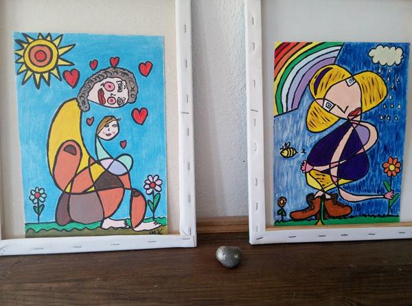 Amour Maternel et Pluie — 紙にアクリル 制作 CubismishArt