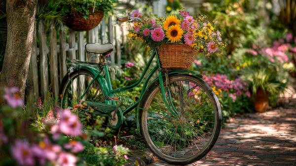 Flower-adorned Bicycle in a Charming Garden — Art génératif par Art Signature